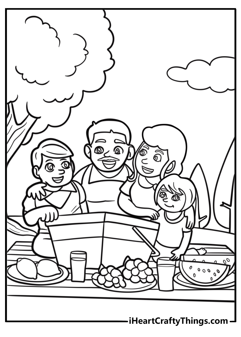 Family picnic in the park with a blanket and basket coloring page