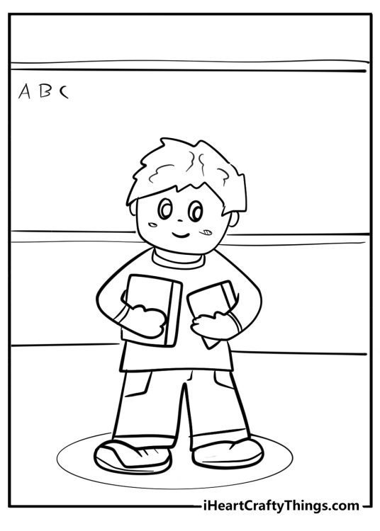 Back to school-themed printable drawing featuring school boy giving a presentation in a classroom