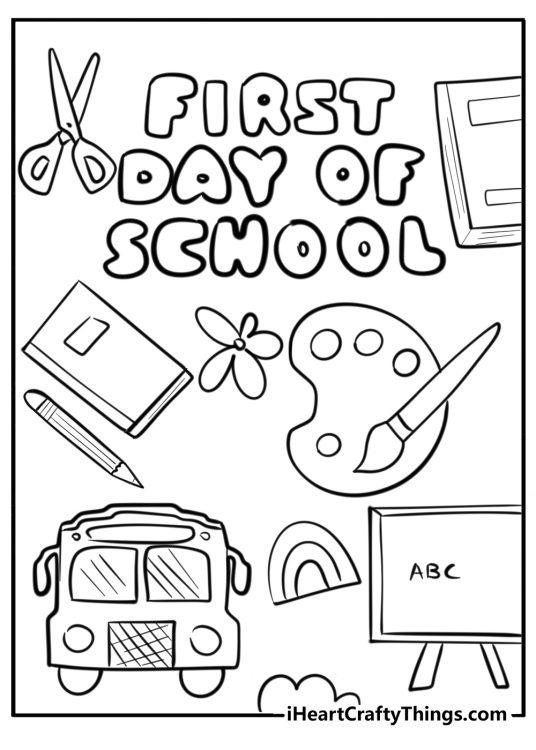 Back to school-themed collage with a FIRST DAY OF SCHOOL phrase surrounded by various supplies and a bus