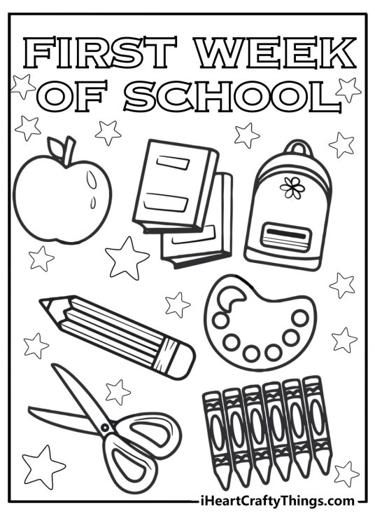 Back to school image of a FIRST WEEK OF SCHOOL phrase and various school-related objects surrounded by stars