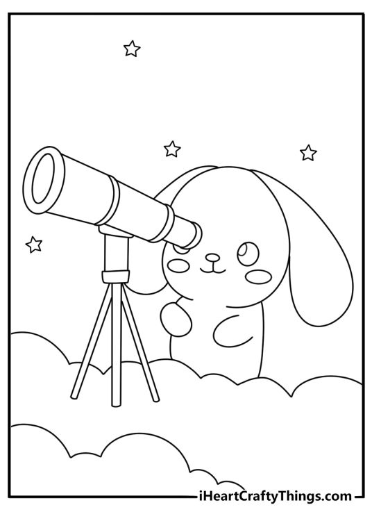 free cinnamoroll coloring page featuring the puppy looking through a telescope