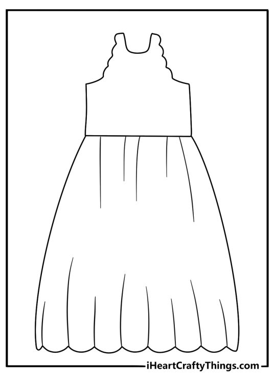 free dress coloring sheet featuring a classic line dress with a scalloped hem