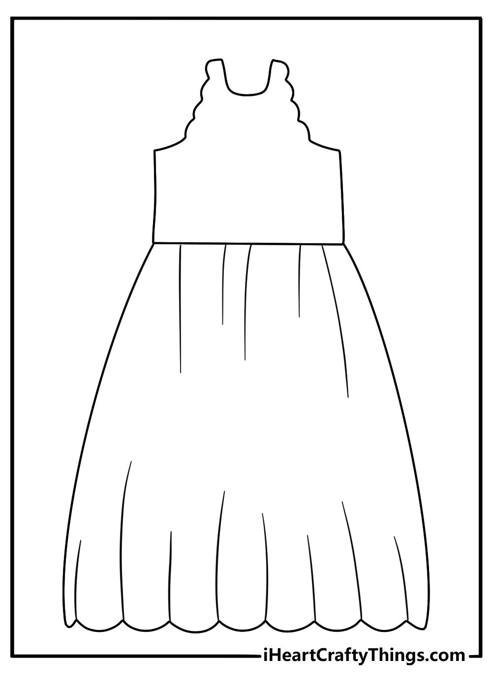 free dress coloring sheet featuring a classic line dress with a scalloped hem