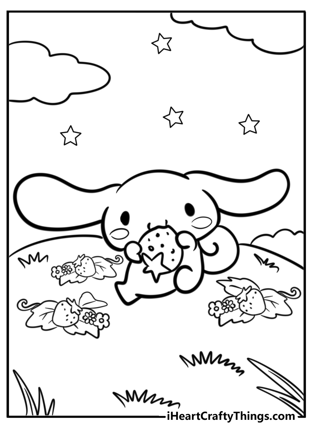 Coloring page presenting an outdoors scene with a Cinnamoroll snacking on a field