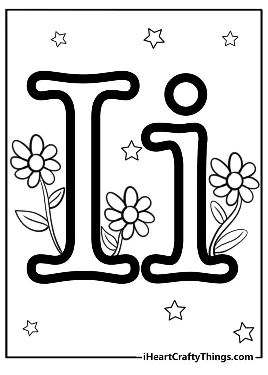 Image featuring uppercase and lowercase letter I surrounded by flowers and stars