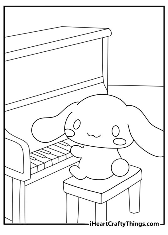 free sanrio coloring sheet featuring cinnamoroll playing a small piano