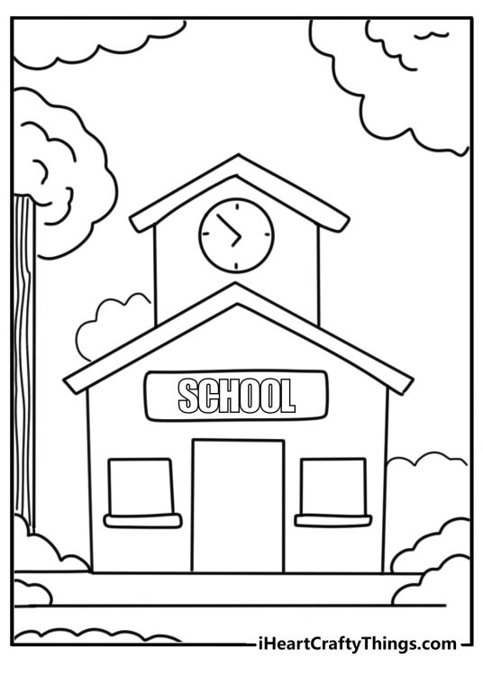 Back to school-themed coloring page for kids featuring simple design school building with a clock on it