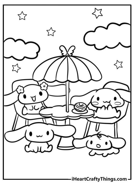 Printable coloring image presenting Cinnamoroll and his three friends partying oudoors