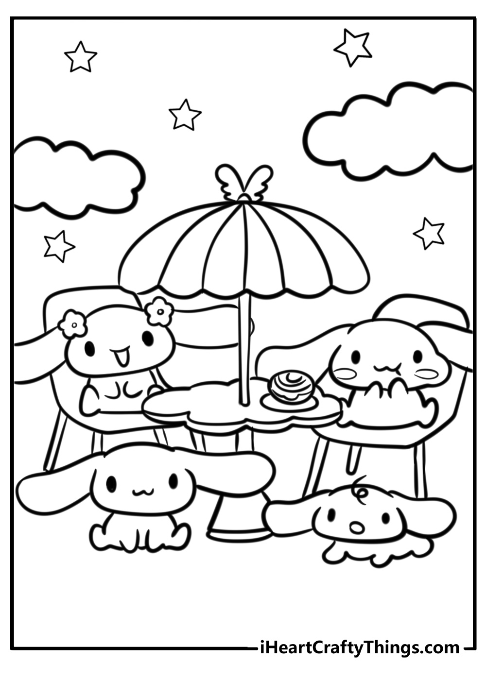 Printable coloring image presenting Cinnamoroll and his three friends partying oudoors