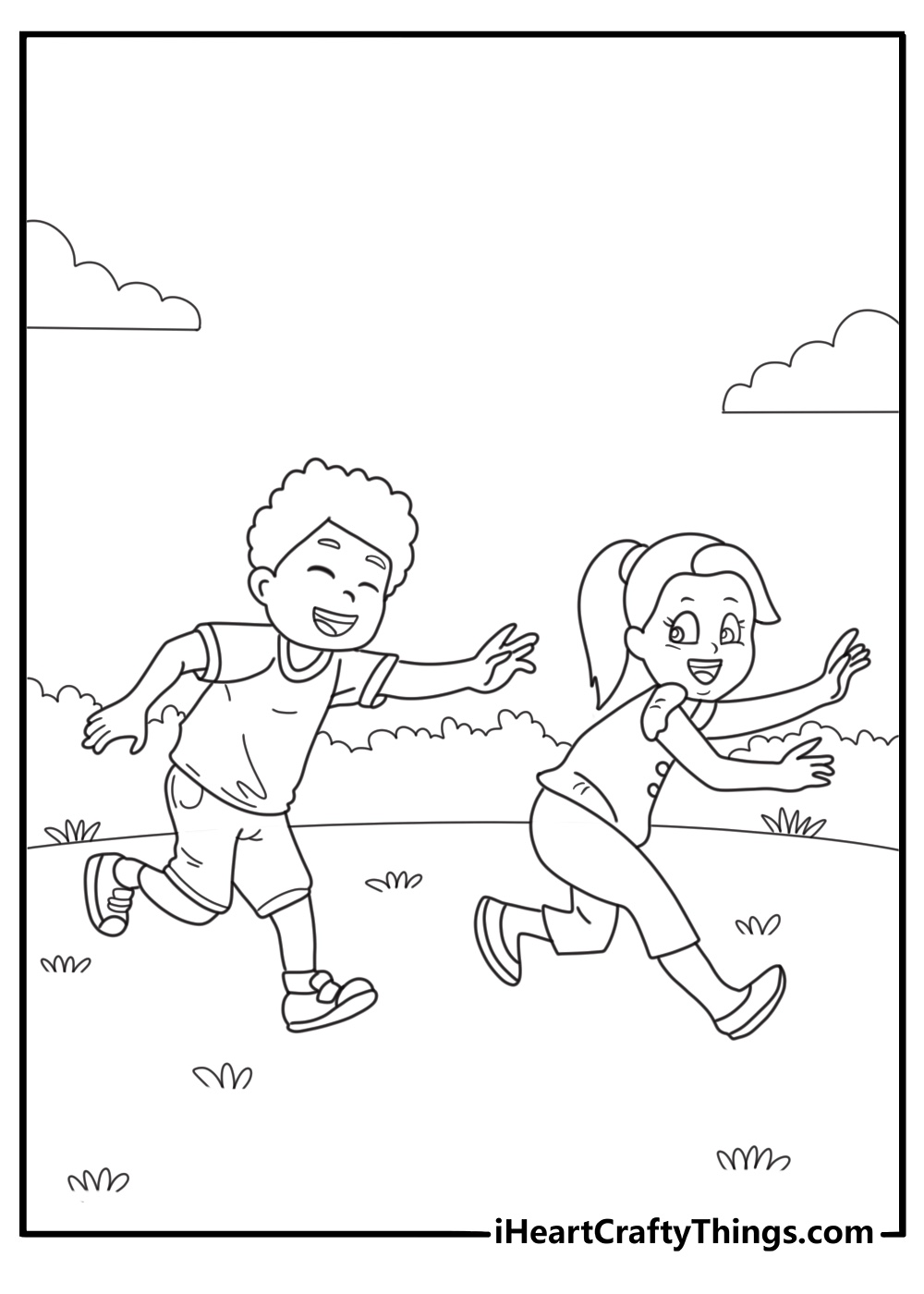 fun back to school coloring page with children playing tag outside