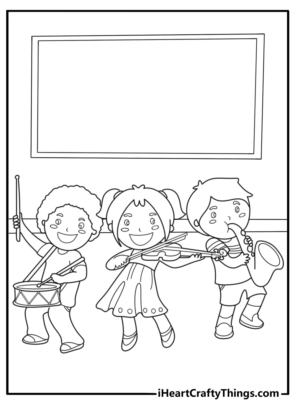 fun back to school coloring sheet depicting kids playing musical instruments in class