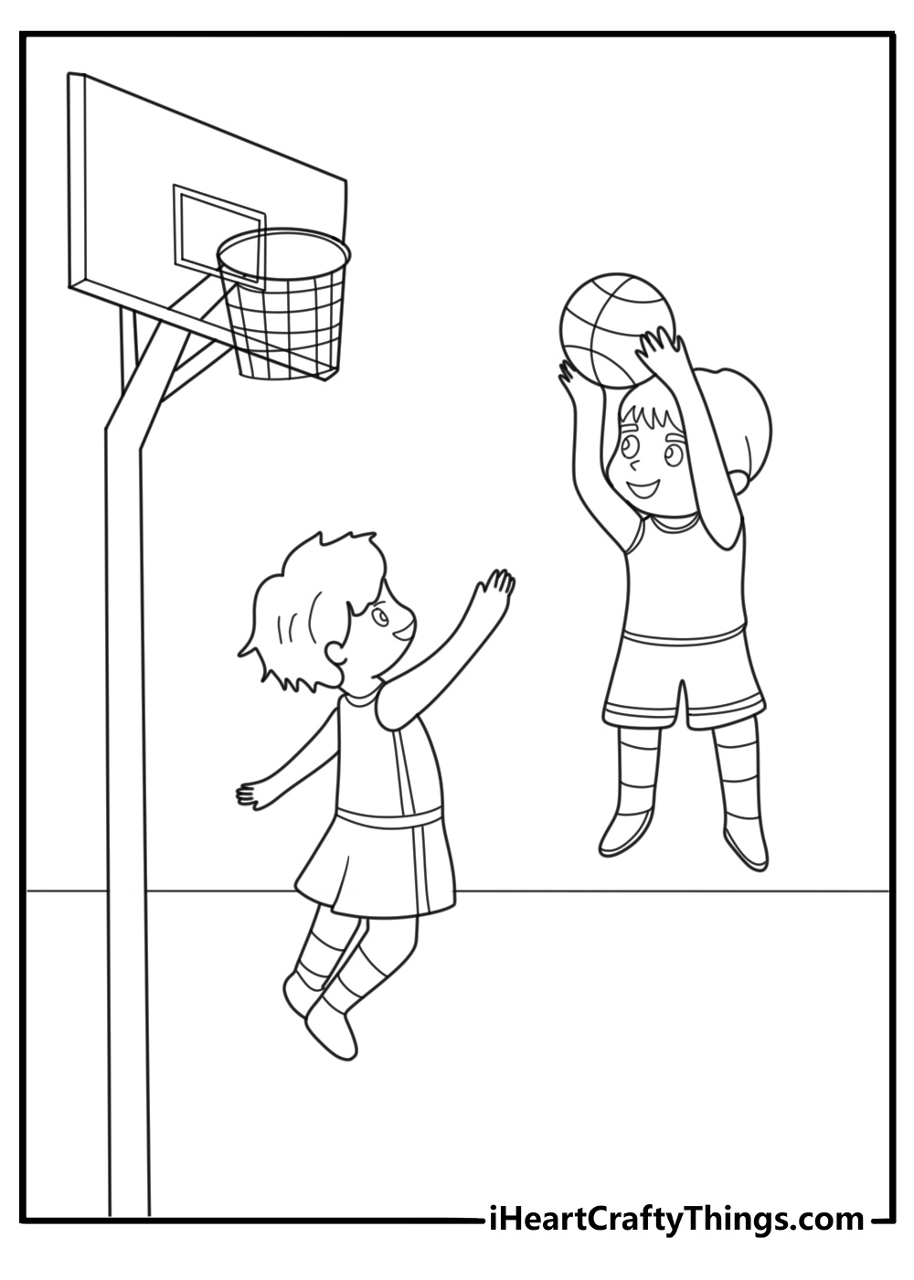 gym back to school coloring sheet showing children playing basketball