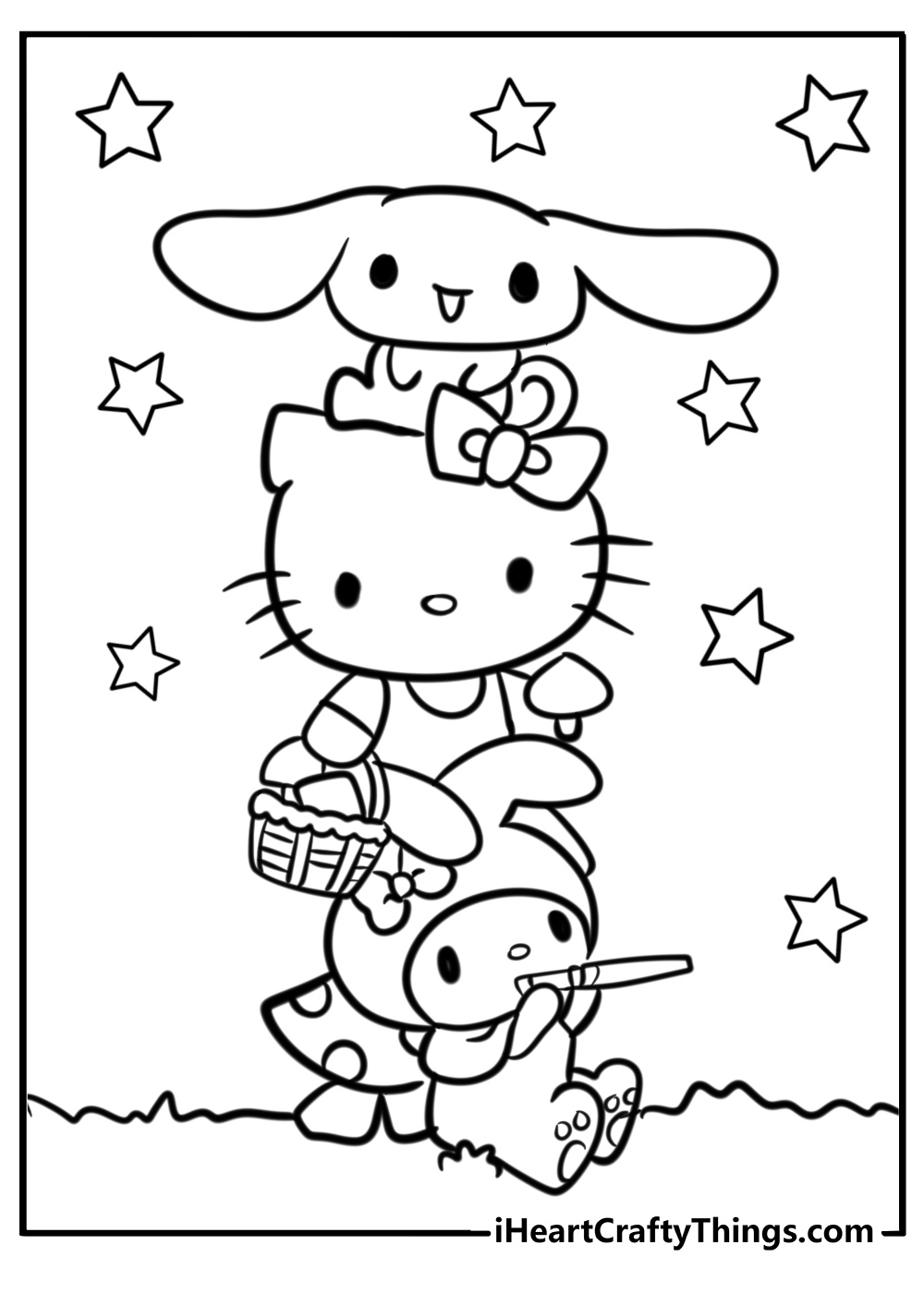 Coloring sheet featuring tower with Cinnamoroll on top, Hello Kitty in the middle and My Melody at the base