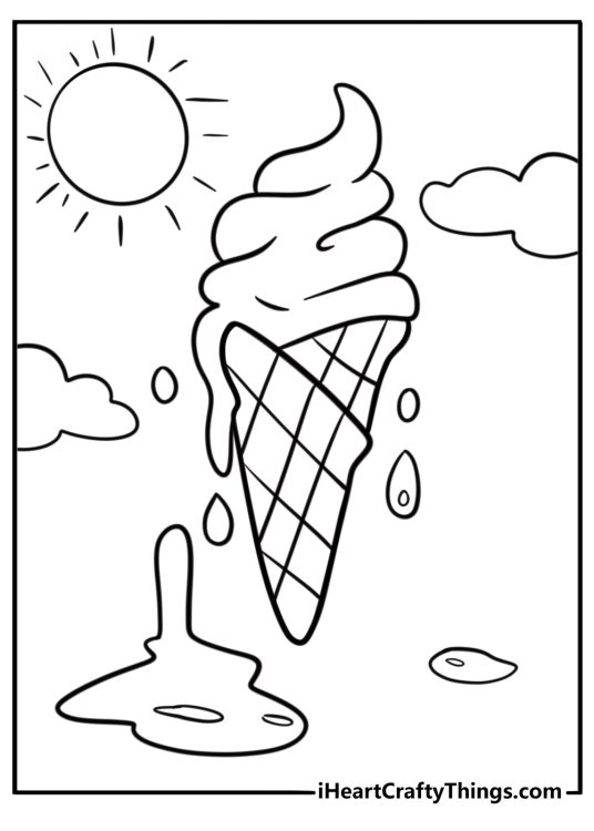 Ice cream cone melting in the heat coloring page