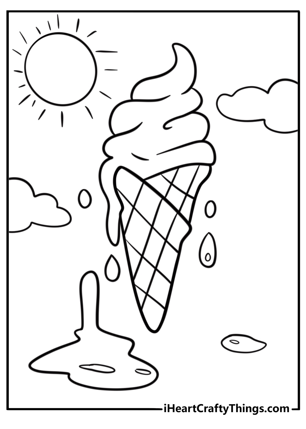 Ice cream cone melting in the heat coloring page