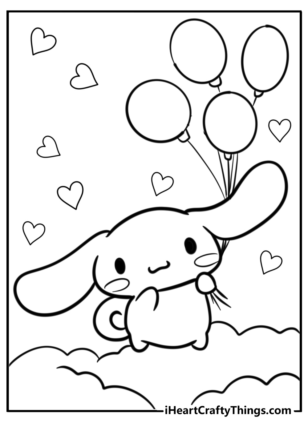 Free printable page of a Cinnamoroll floating on balloons with clouds and hearts all around him