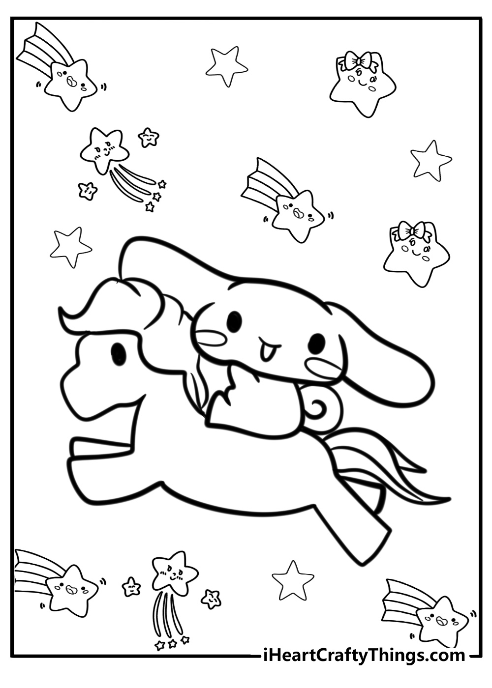 Coloring page of a Cinnamoroll riding on a cute unicorn surrounded by cartoony stars with smiling faces