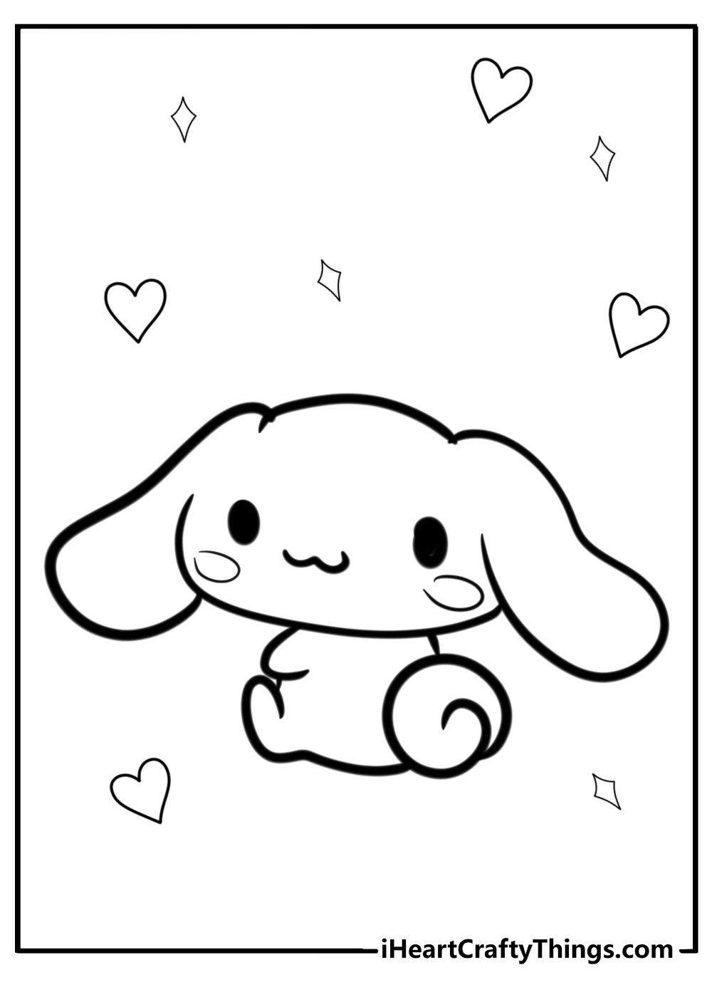 Image to color featuring Cinnamoroll sitting and relaxing with some hearts and sparkles in the background