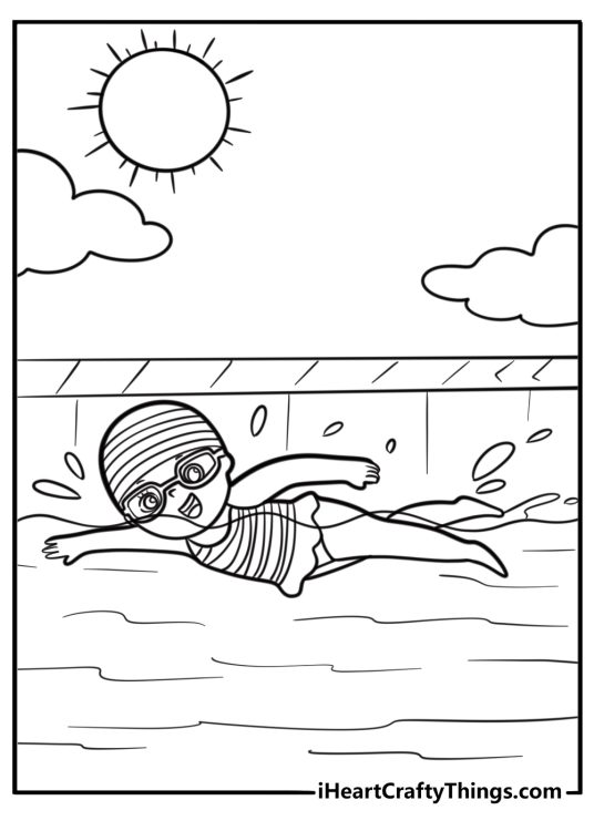 Kids swimming in a pool on a hot august afternoon coloring page