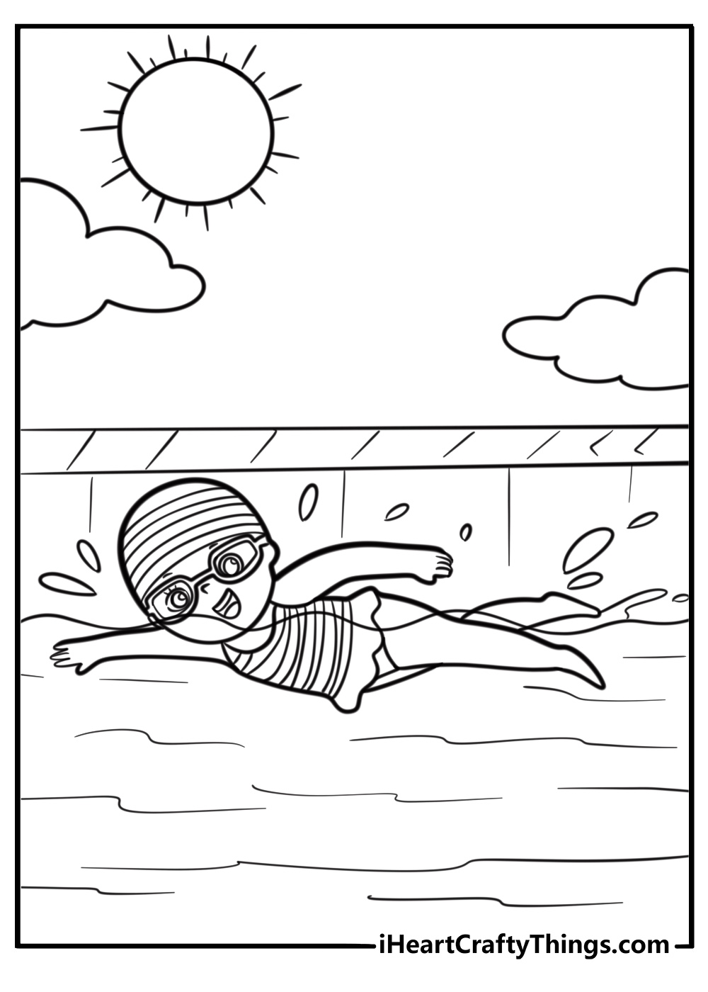Kids swimming in a pool on a hot august afternoon coloring page
