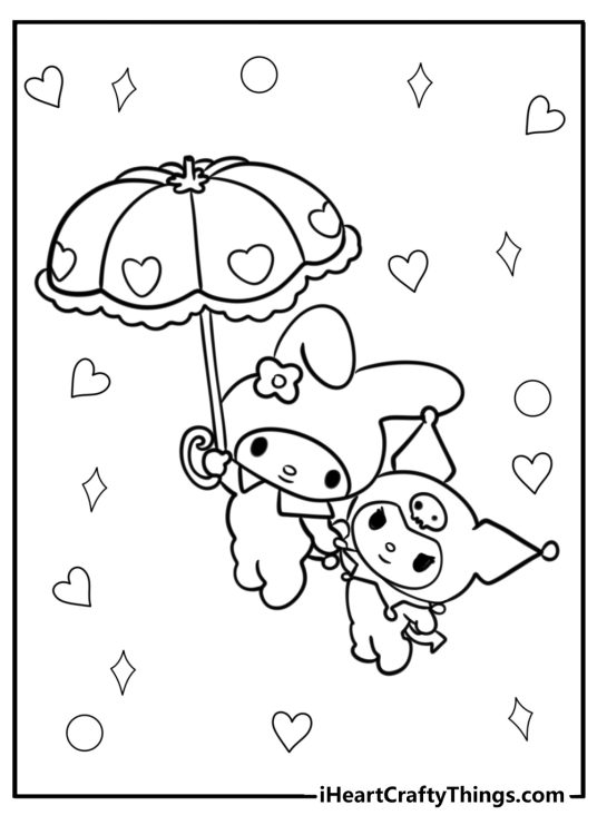 Free printable for kids of a Kuromi and My Melody holding hands as they float on an umbrella