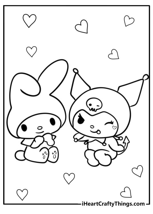 Printable coloring picture presenting Kuromi and My Melody with hearts in the background