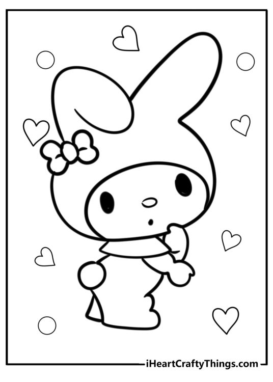 Printable coloring sheet featuring My Melody looking confused with bubbles and hearts in the background