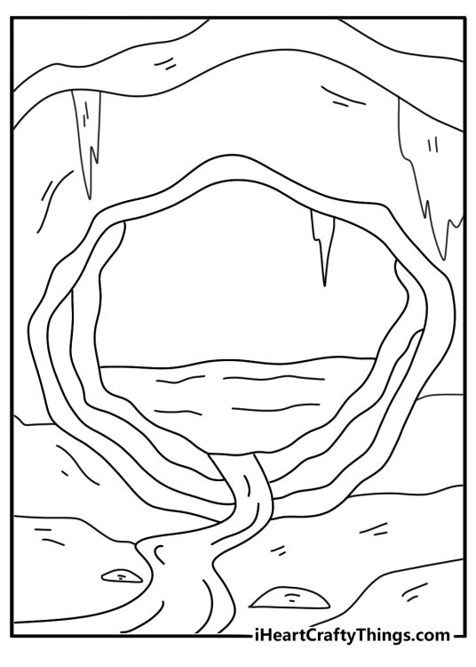 lava tube cave coloring page inside view with glowing lava flow on the ground pdf