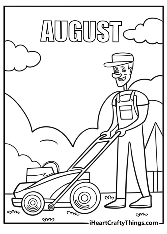 Lawn mower cutting green grass in august coloring page