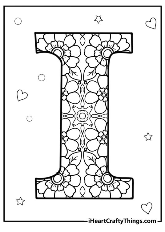 Highly-detailed coloring picture presenting letter I with intricate floral pattern