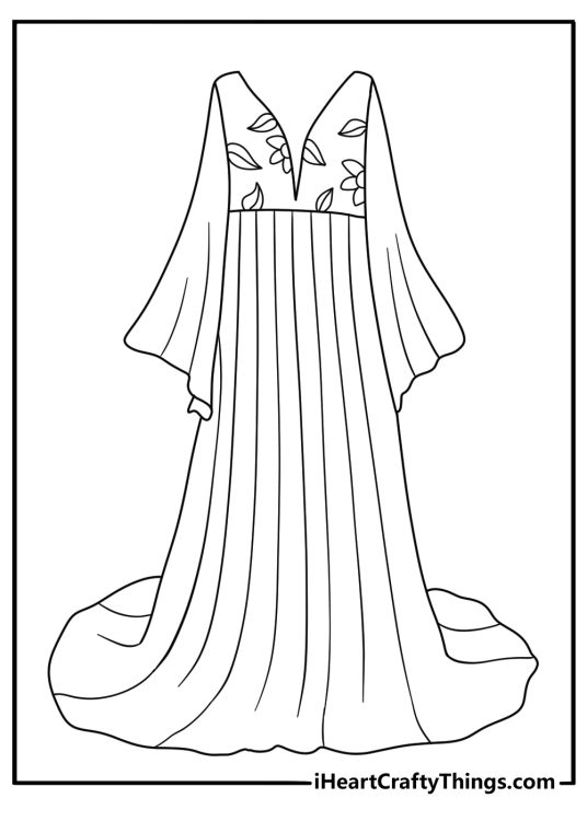 long bohemian dress with embroidered details makes this fashion coloring sheet