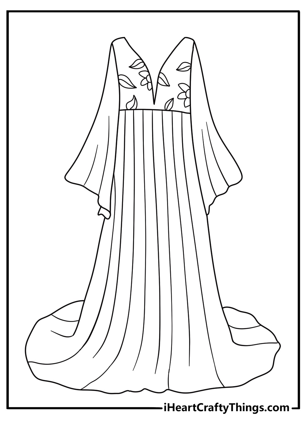 long bohemian dress with embroidered details makes this fashion coloring sheet