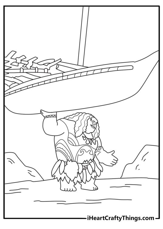 maui moana coloring page with Maui lifting a canoe above the sand