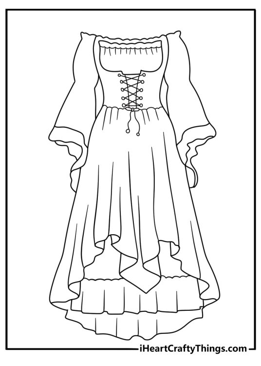 medieval dress with bell sleeves and a lace up bodice fills this coloring sheet