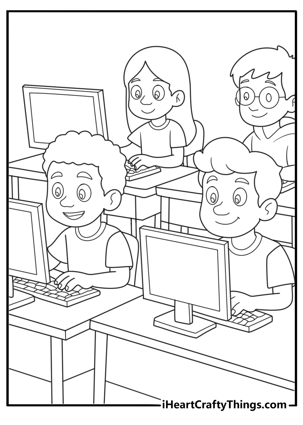 modern back to school coloring page depicting students using computers in classroom