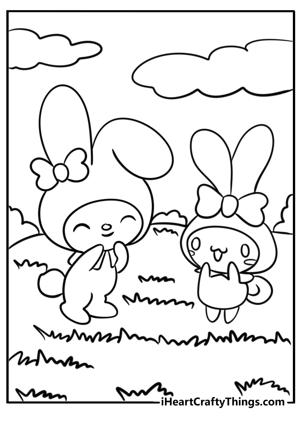 Free printable picture to color featuring cheerful My Melody and Cinnamoroll outdoors on a lovely day