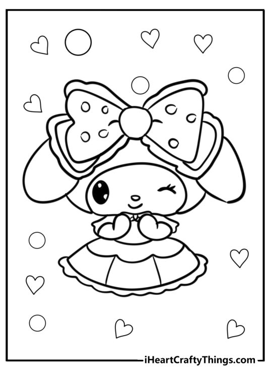 My Melody coloring page presenting her winking to us dressed in a fancy outfit and a big bow