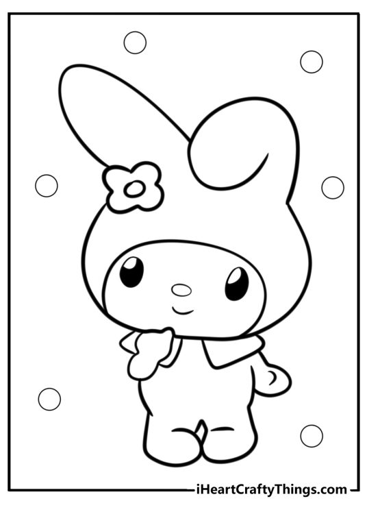 Printable picture featuring My Melody having some deep thoughts with bubbles all around her