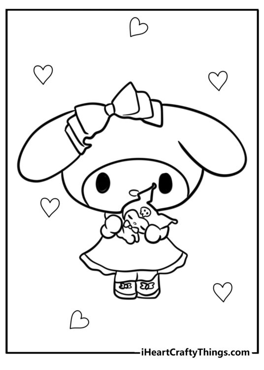 Coloring picture for kids featuring My Melody in a pretty outfit holding a toy - baby version of Kuromi