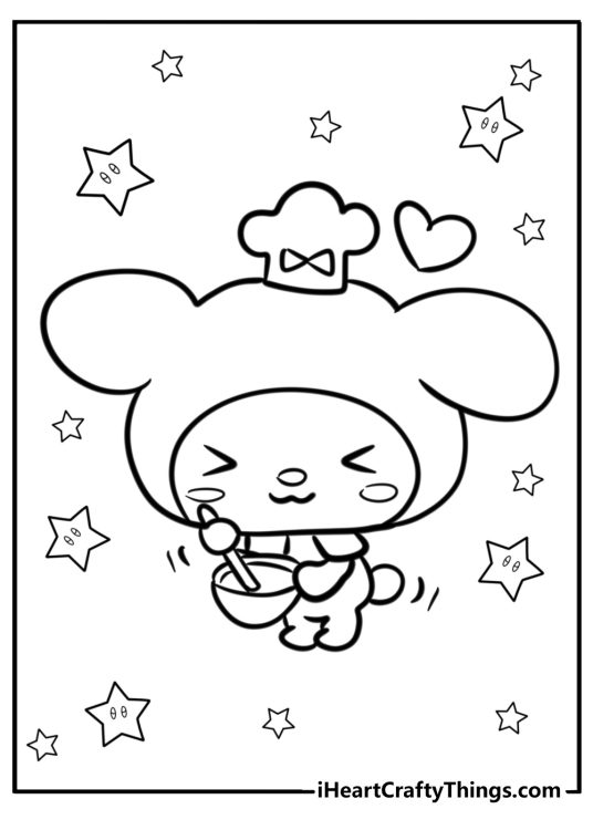 My Melody printable featuring her in a baker hat mixing some ingredients in a bowl surrounded by stars
