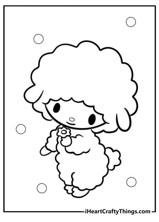 My Melody coloring page featuring character My Sweet Piano enjoying a lovely flower