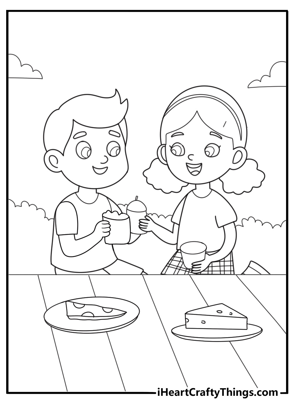 outdoor back to school coloring page with two kids sharing lunch at a picnic table