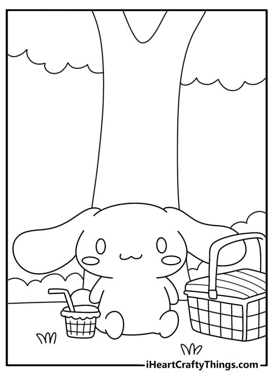 picnic basket rests beside cinnamoroll under a shady tree in this cute coloring sheet