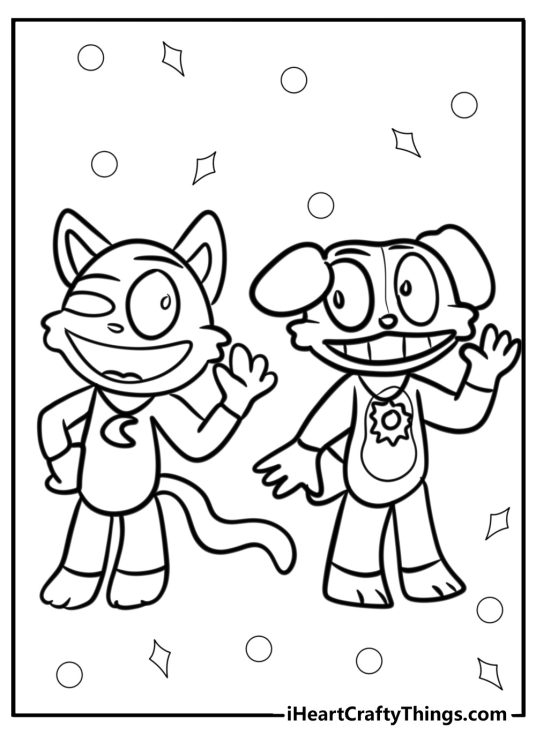 Free printable coloring sheet depicting CatNap with DogDay giving a friendly wave