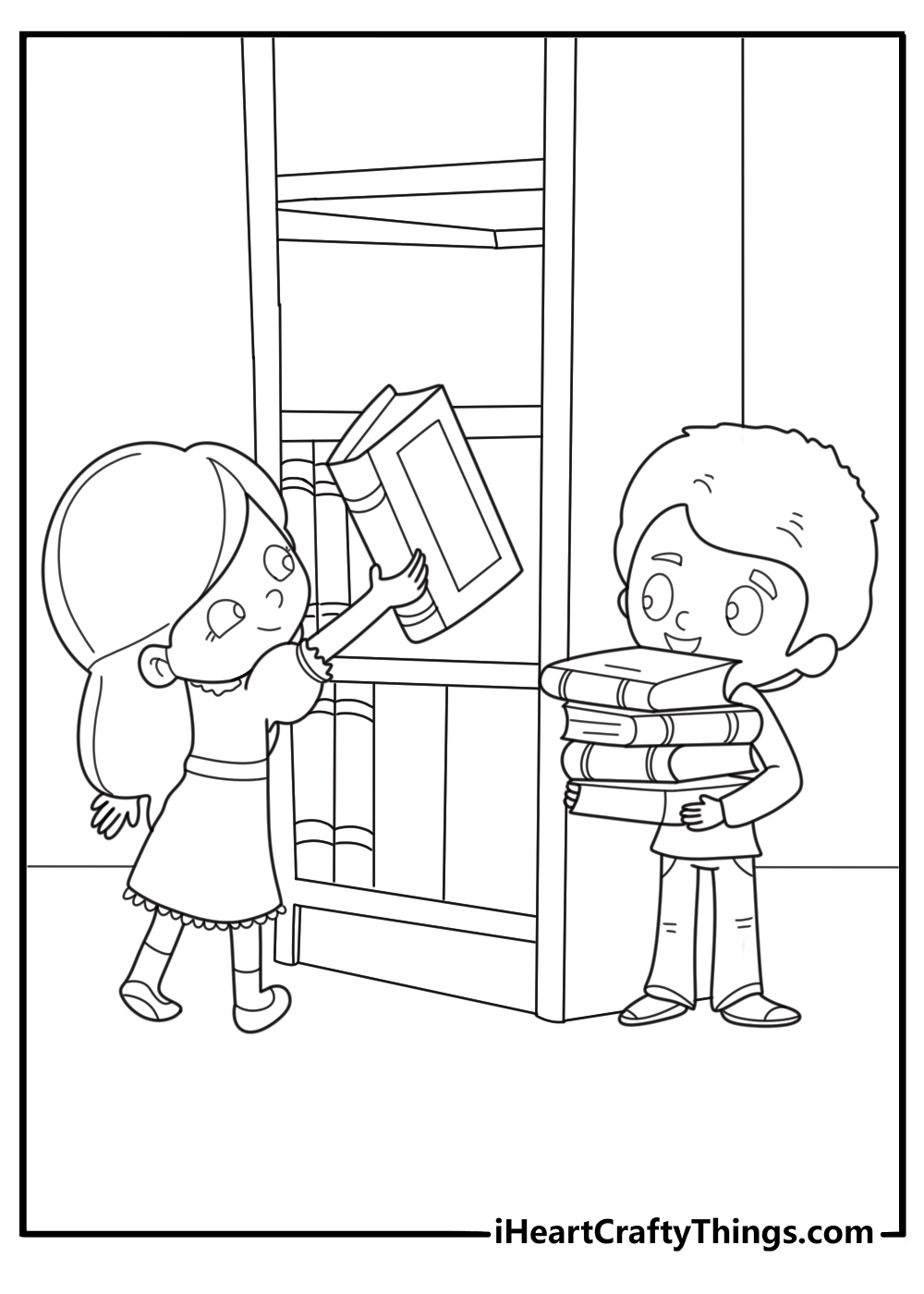 printable back to school coloring page featuring kids browsing books in a school library