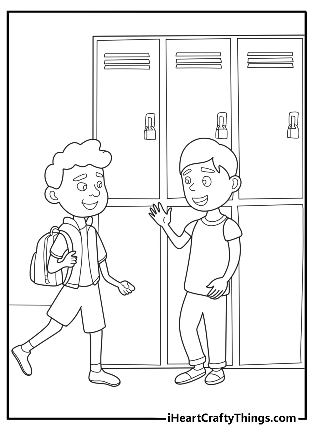 printable back to school coloring sheet of kids standing near lockers