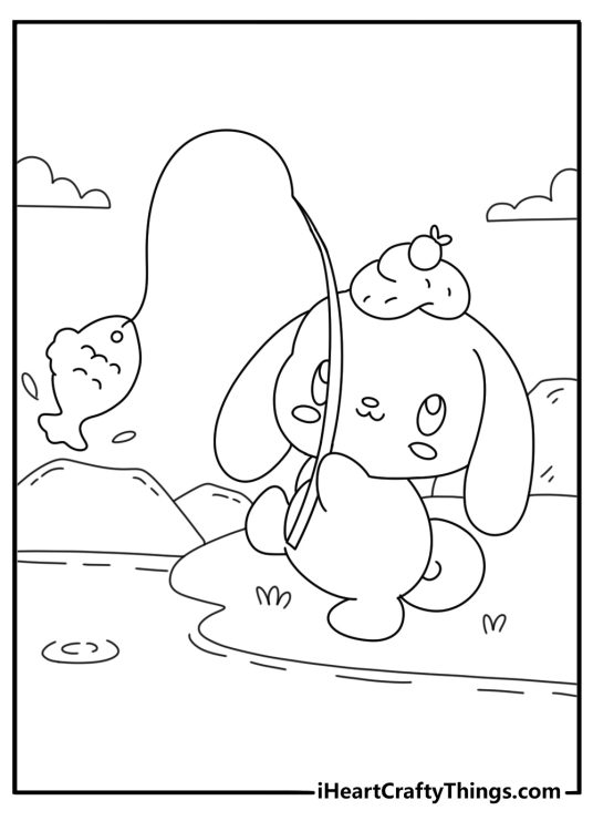 printable cinnamoroll coloring sheet showing the puppy fishing beside a pond