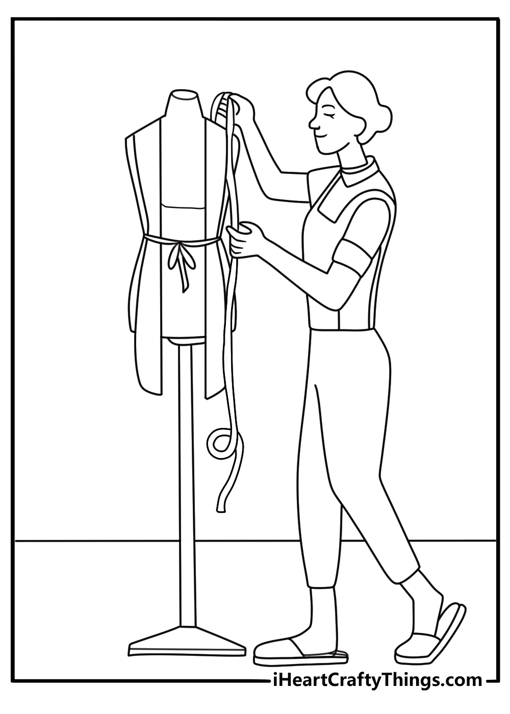 printable dress design showing a tailor measuring a dress on a mannequin