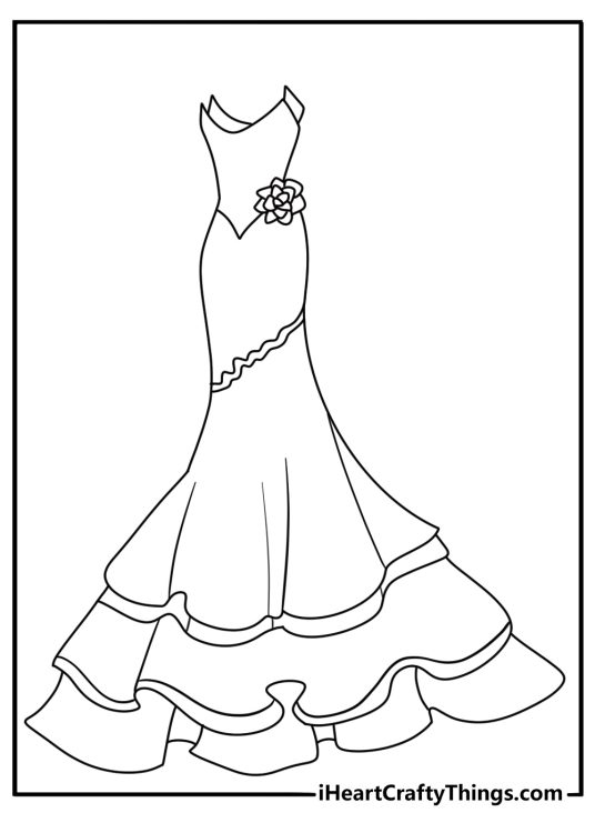 printable dress page showing a wedding gown with a long lace train