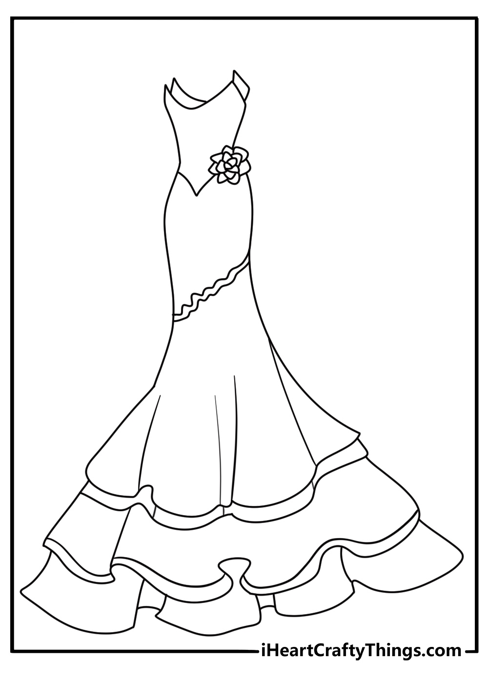 printable dress page showing a wedding gown with a long lace train
